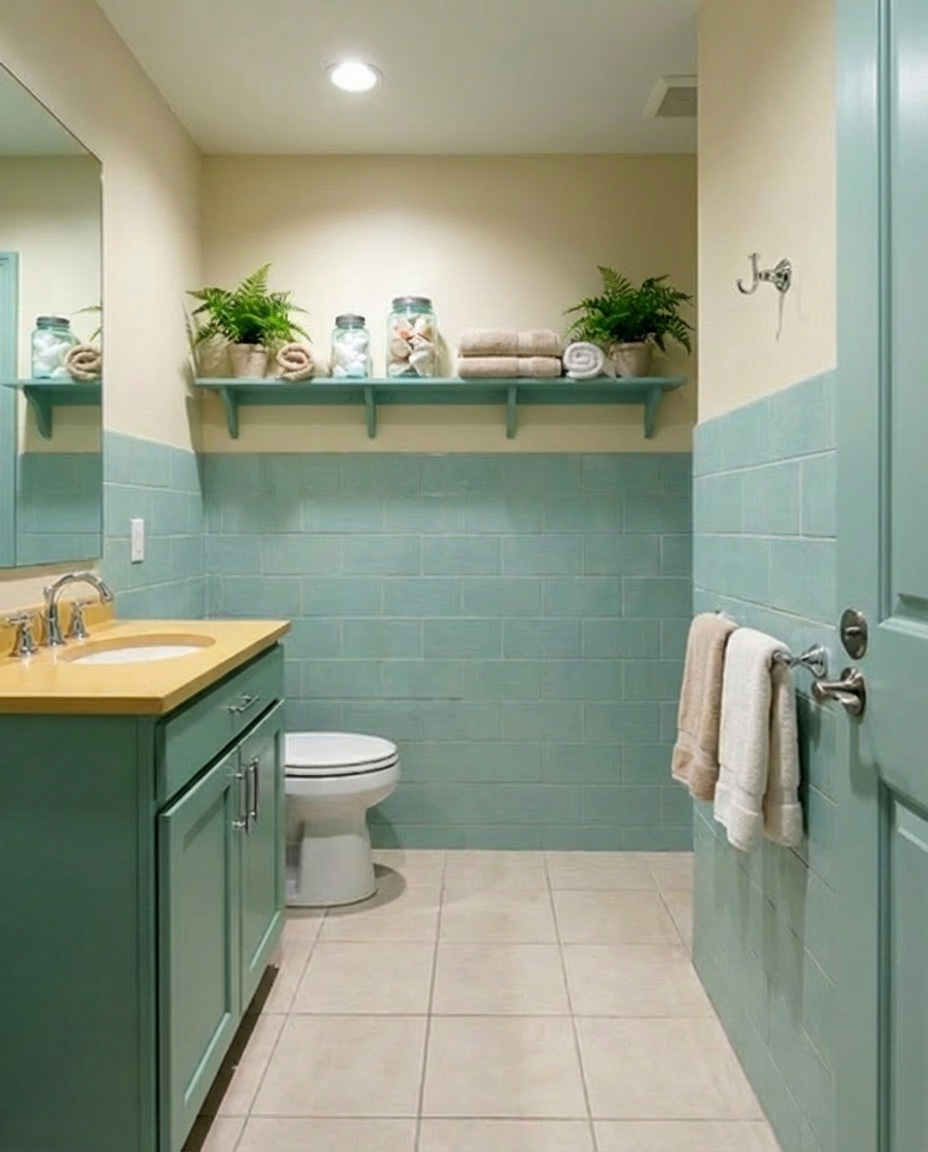 Stylish main-floor accessible bathroom with teal tile, clear floor space, and enough room for a mobility device.