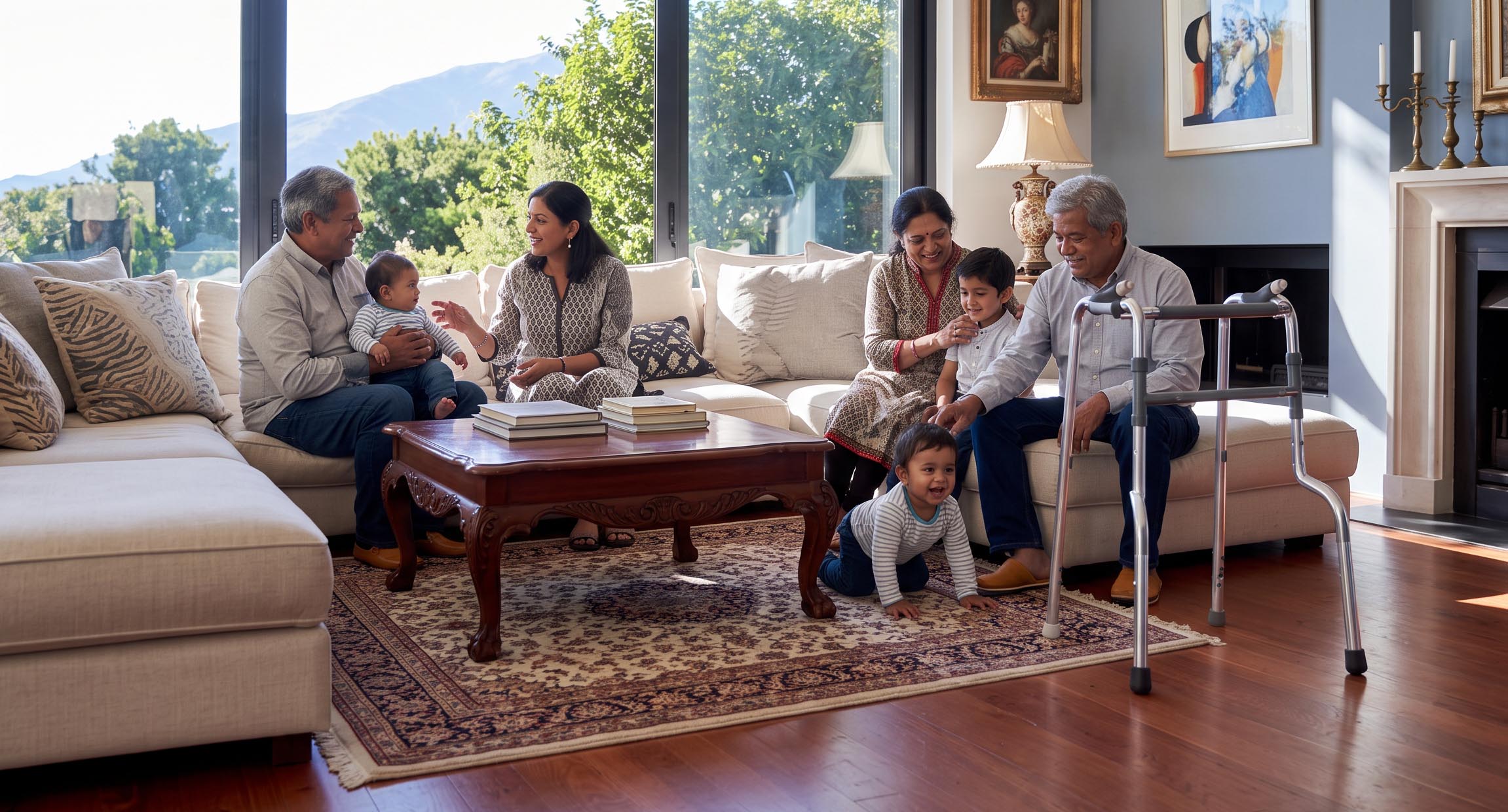 Multi-generational family gathered in a bright, open living room — grandparents, parents, and young children sharing time together in a home designed for everyone.