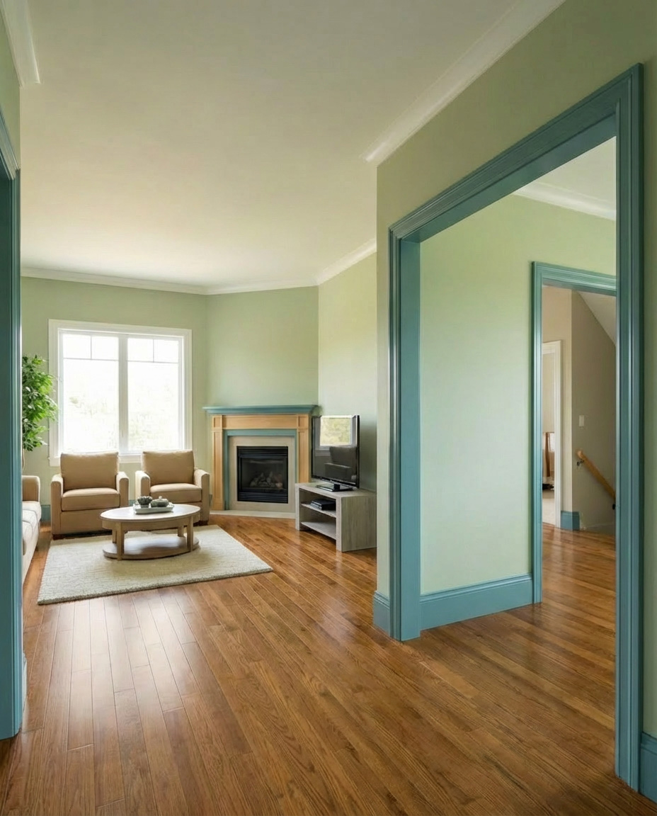 Wide interior doorways with clear passage through a bright living room, showing spacious openings between rooms.
