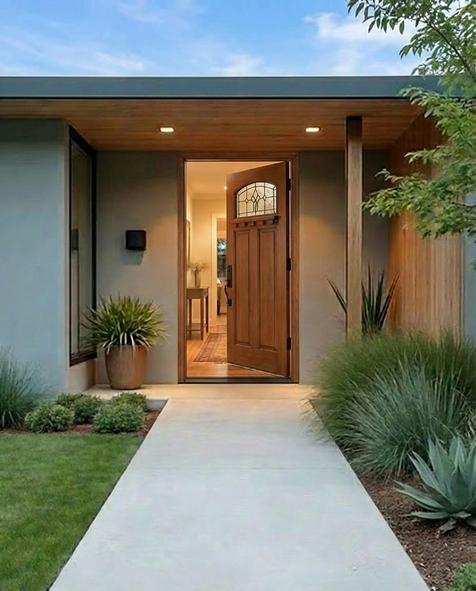 Beautiful zero-step entrance with a wide concrete walkway leading to an open wooden front door, no steps.